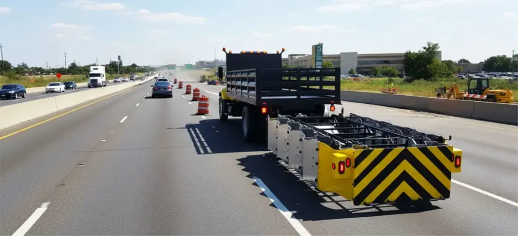 Atenuador de impacto montado en camión para proteger una zona temporal de trabajo en carretera
